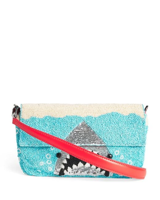 Staud Blue Beaded Tommy Shark Shoulder Bag