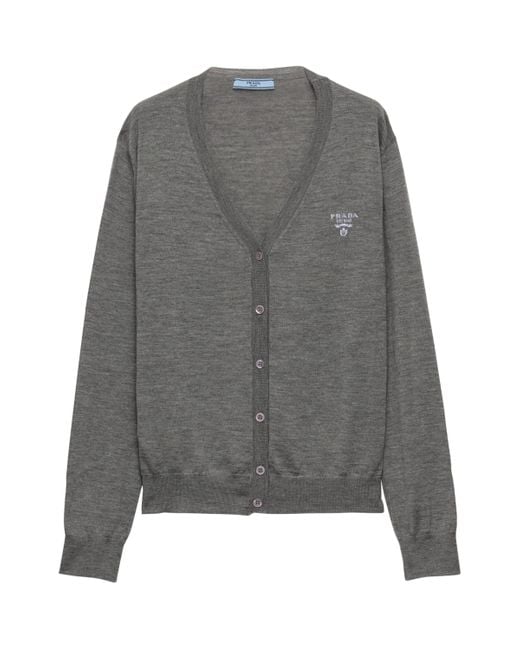 Prada Gray Cashmere-Blend Logo Cardigan