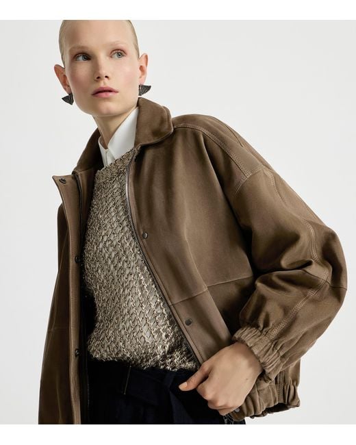 Brunello Cucinelli Brown Suede Bomber Jacket