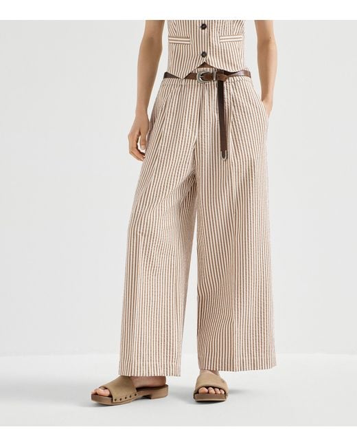 Brunello Cucinelli Natural Techno-Cotton Stripe Wide-Leg Trousers