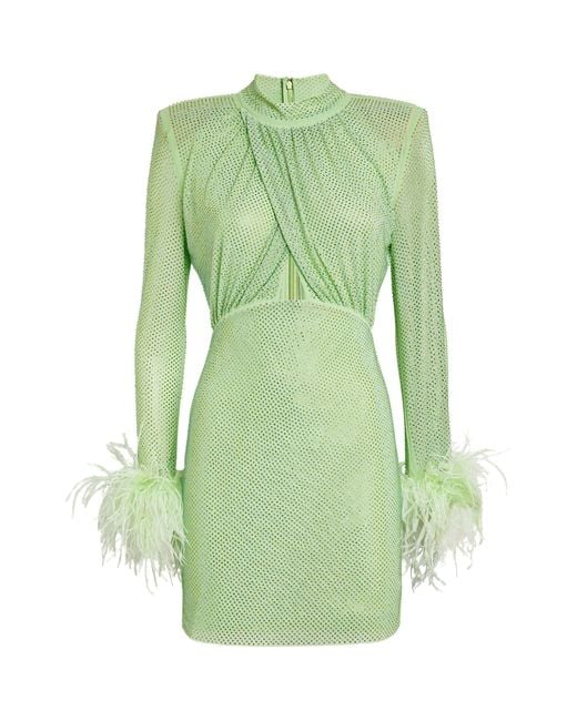 Self-Portrait Green Rhinestone Feather-trim Mini Dress