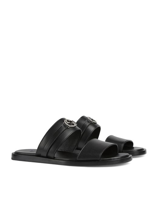 Gucci Black Leather Interlocking G Sandals