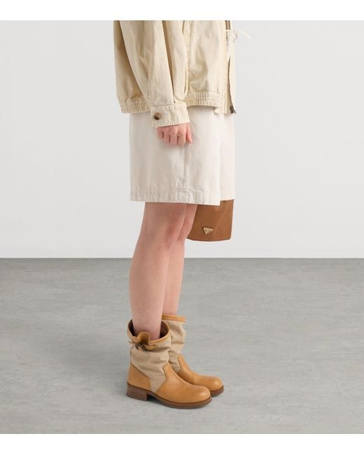 Prada Brown Leather-Canvas Mid-Calf Boots 30
