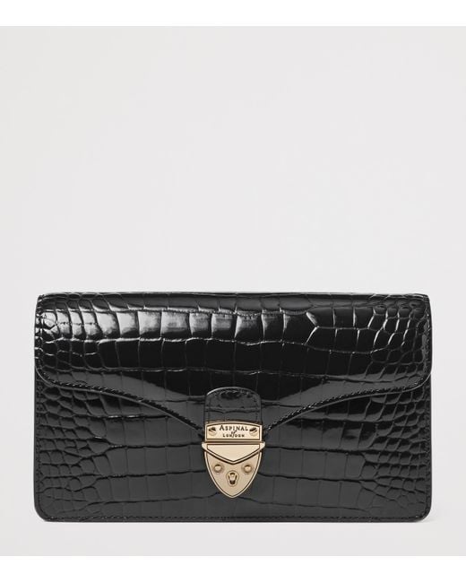 Aspinal Black Croc-Embossed Leather Mayfair 2 Clutch Bag