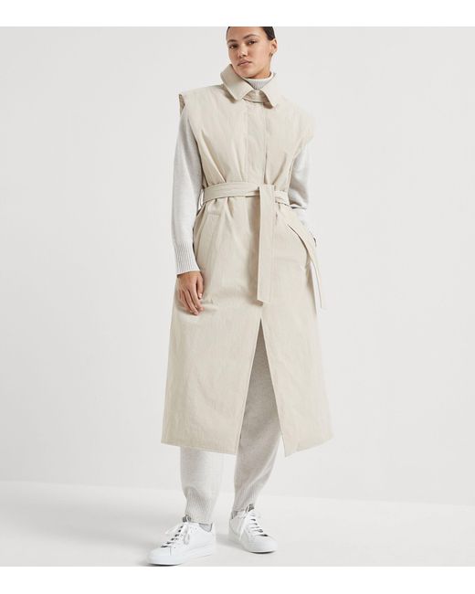 Brunello Cucinelli White Techno Canvas Sleeveless Trench Coat With Down Quilting