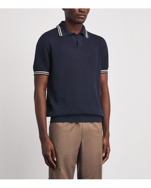 Isaia Blue Silk-Linen Polo Shirt for men