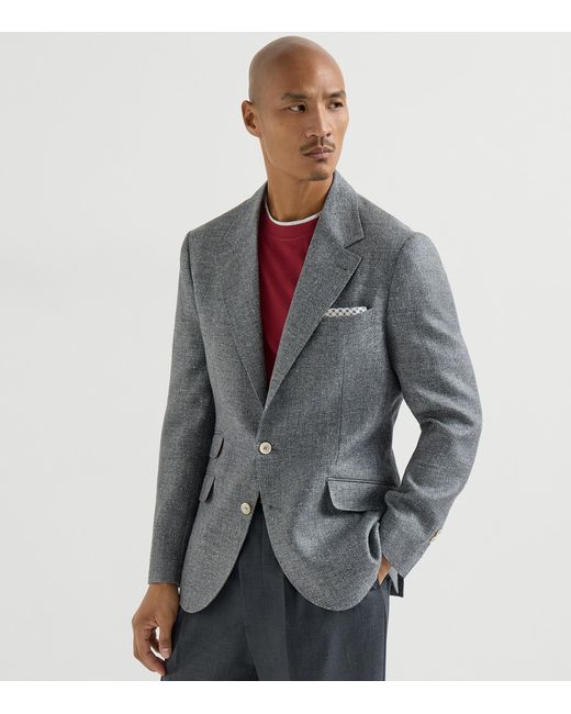 Brunello Cucinelli Blue Silk-Linen-Wool Blazer for men