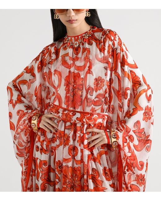 Dolce & Gabbana Red Silk Majolica Print Kaftan Maxi Dress
