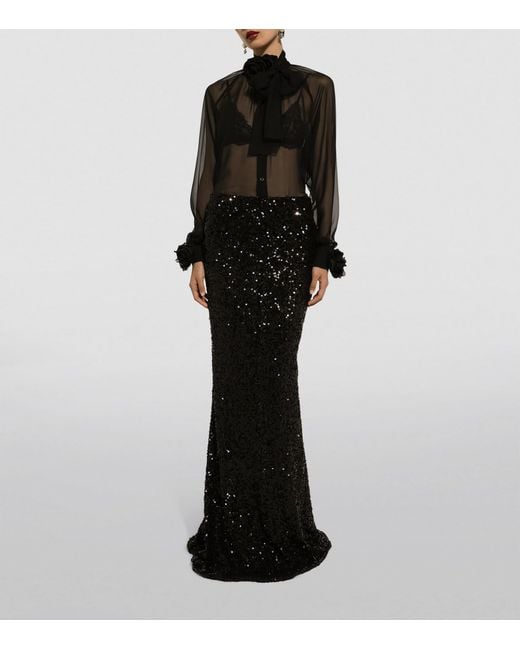 Dolce & Gabbana Black Silk Flower-Detail Blouse