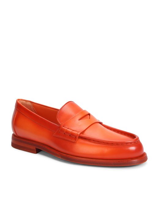 Santoni Red Leather Penny Loafers
