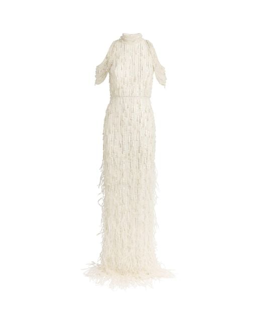 Pamella Roland White Feather-Trim Embellished Gown