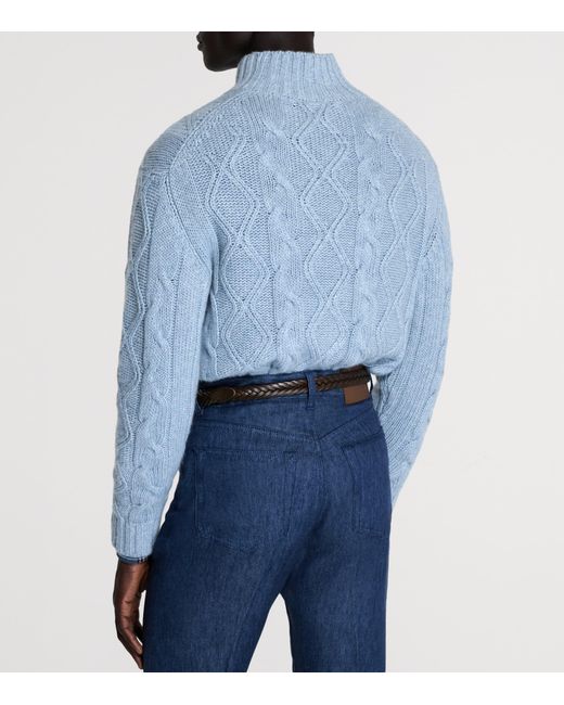 Dunhill Blue Cashmere-Blend Aran Cable-Knit Sweater for men