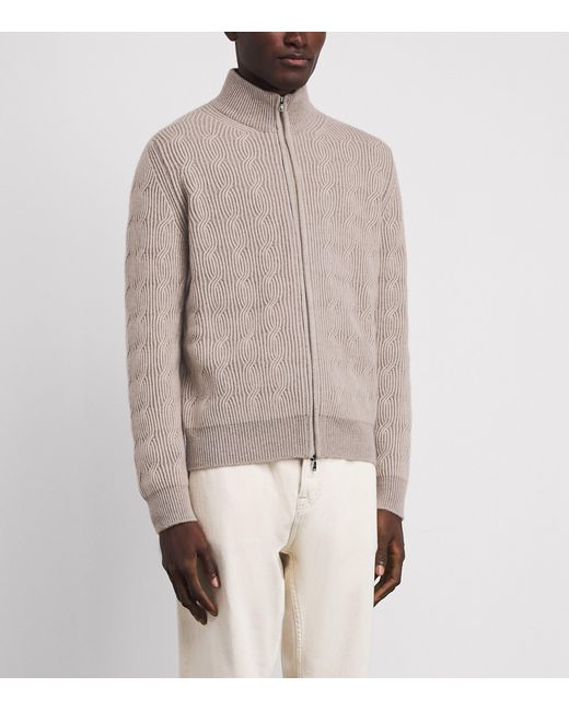FIORONI CASHMERE Brown Cashmere Cable-Knit Zip-Up Sweatshirt for men