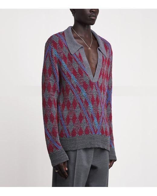 Dries Van Noten Blue Argyle Open-Collar Sweater for men