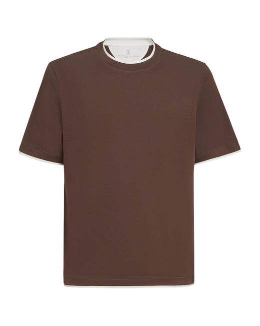 Brunello Cucinelli Brown Cotton Faux-Layered T-Shirt for men