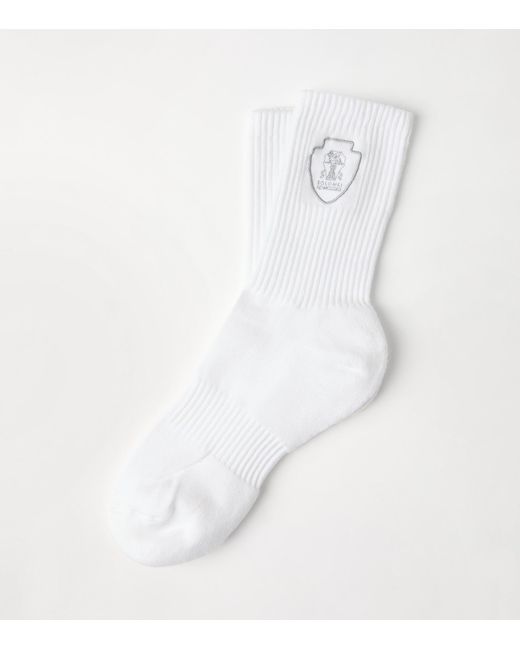 Brunello Cucinelli White Techno Cotton Logo Socks for men