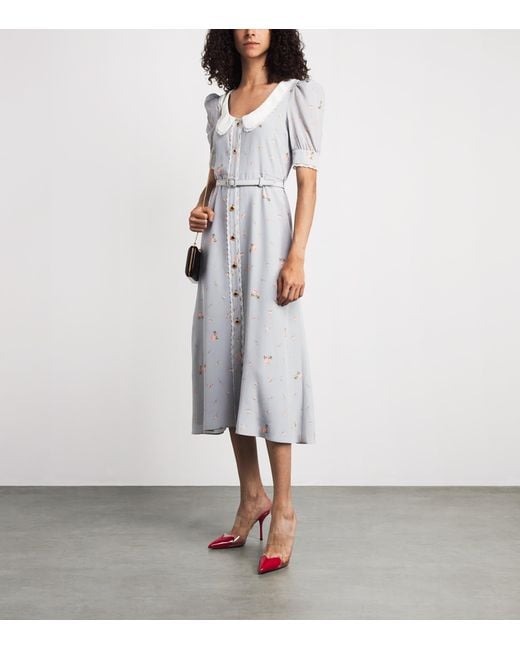 Alessandra Rich Gray Floral Print Belted Midi Dress