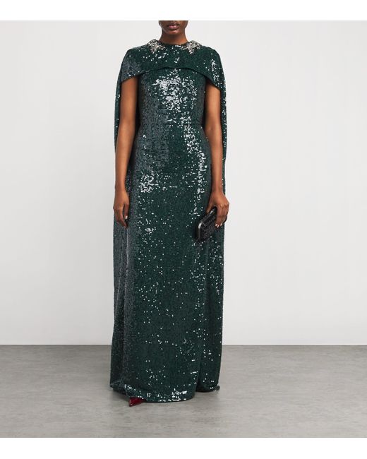 Erdem Green Sequinned Embellished Cape Gown