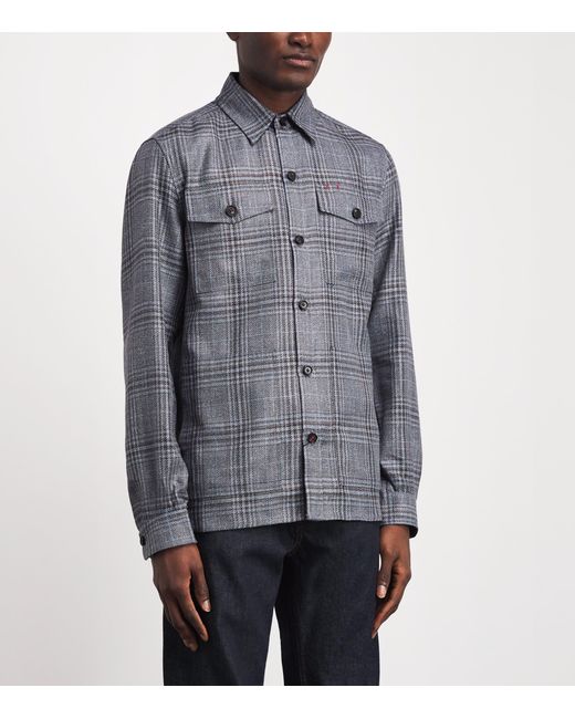 Isaia Gray Wool-Silk-Linen Check Overshirt for men