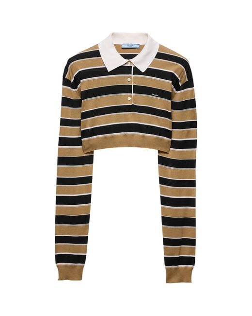 Prada Black Silk Stripe Cropped Polo Sweater
