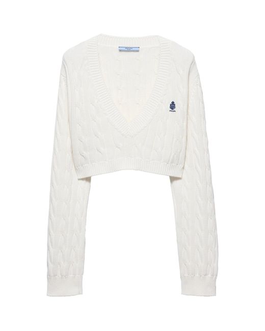 Prada White Cotton Cable-Knit Logo Sweater