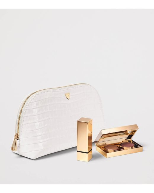 Aspinal White Small Leather Croc-Embossed Cosmetic Case
