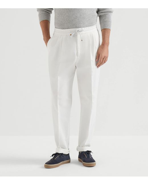 Brunello Cucinelli White Cotton Gabardine Drawstring Trousers for men