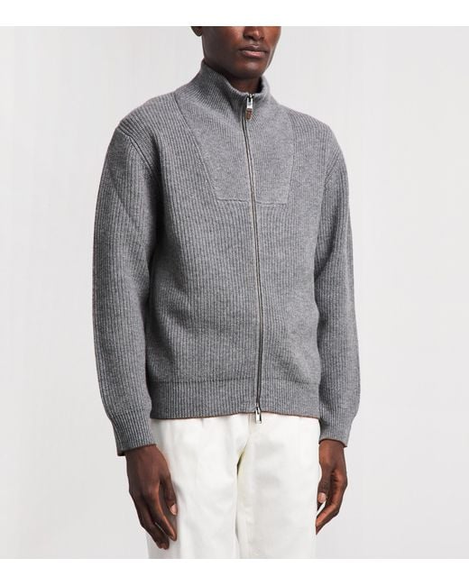 Canali Gray Wool-Cashmere High-Neck Zip-Up Cardigan for men