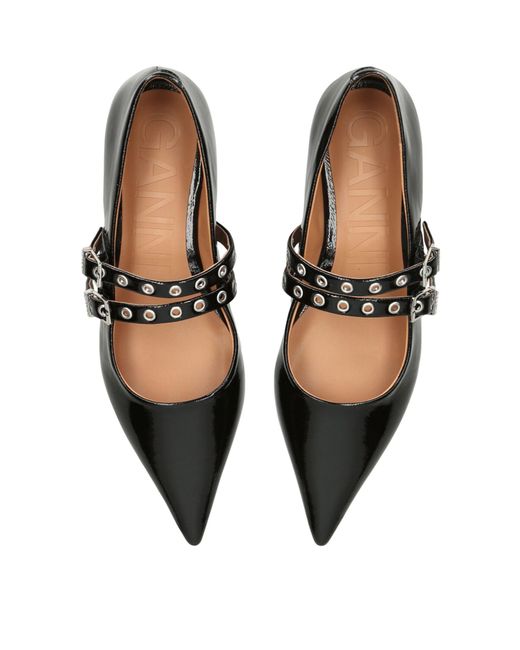 Ganni Black Leather Buckle Ballet Flats