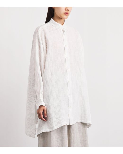 Eskandar White Linen-Blend Collarless Stripe Shirt