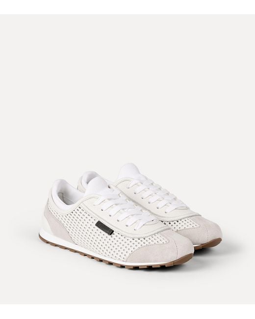 Brunello Cucinelli White Leather Net-Trim Sneakers