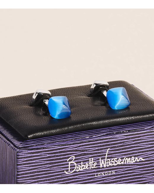 Babette Wasserman Blue Rhodium-Plated Catseye Twist Square Cufflinks for men