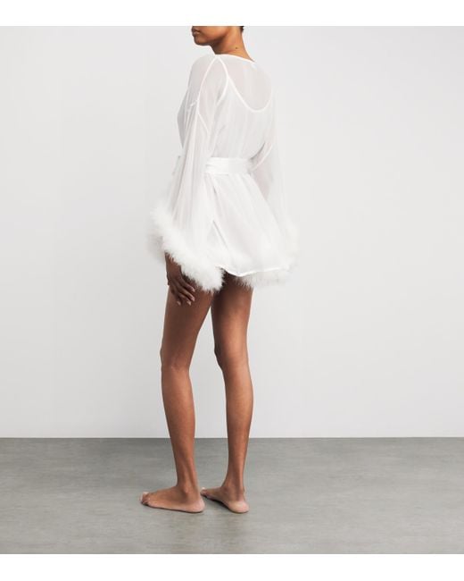 Gilda & Pearl White Silk Feather-Trim Sheer Diana Short Robe