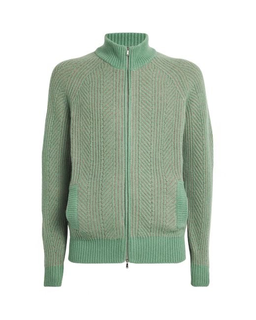 FIORONI CASHMERE Green Cashmere Herringbone-Knit Cardigan for men