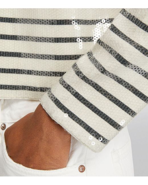 FRAME White Sequin-embellished Striped T-shirt