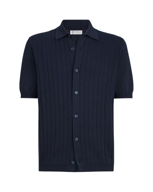 Brunello Cucinelli Blue Cotton Ribbed Short-Sleeve Cardigan for men