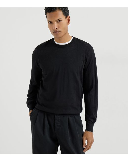 Brunello Cucinelli Black Cashmere-Silk Crew-Neck Sweater for men