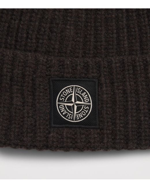 Stone Island Black Virgin Wool Logo Beanie for men