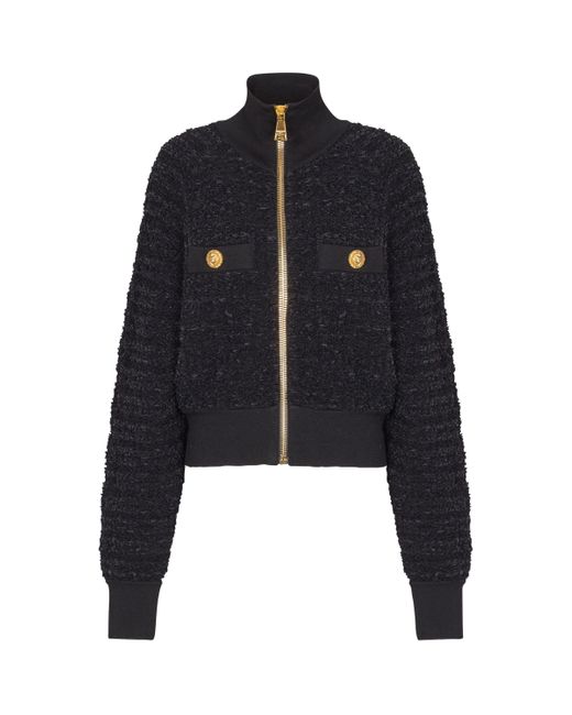 Balmain Blue Tweed Bomber Jacket