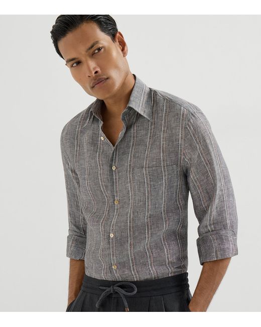 Brunello Cucinelli Gray Linen Stripe Shirt for men