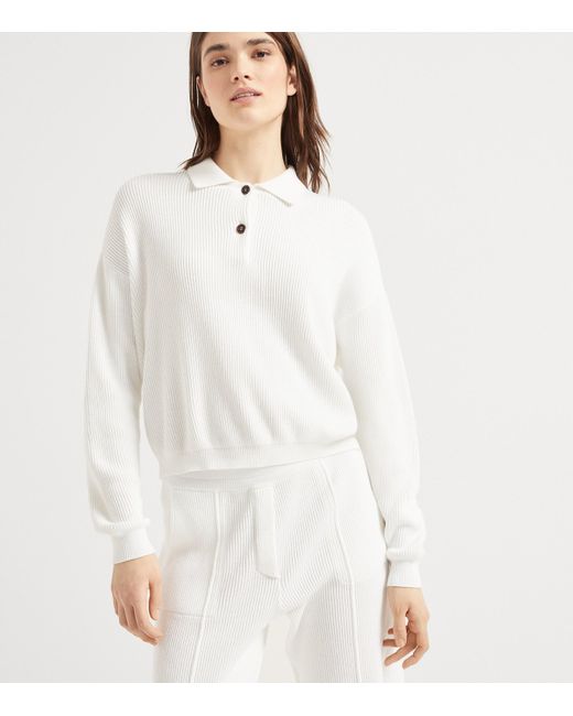 Brunello Cucinelli White English Rib-Knit Polo Sweater