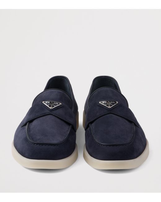 Prada Blue Suede Triangle Loafers for men