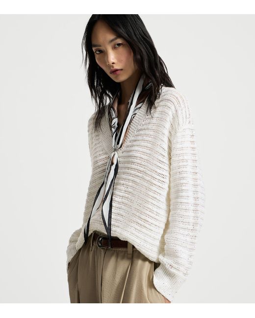 Brunello Cucinelli White Linen-Blend Dazzling Sweater