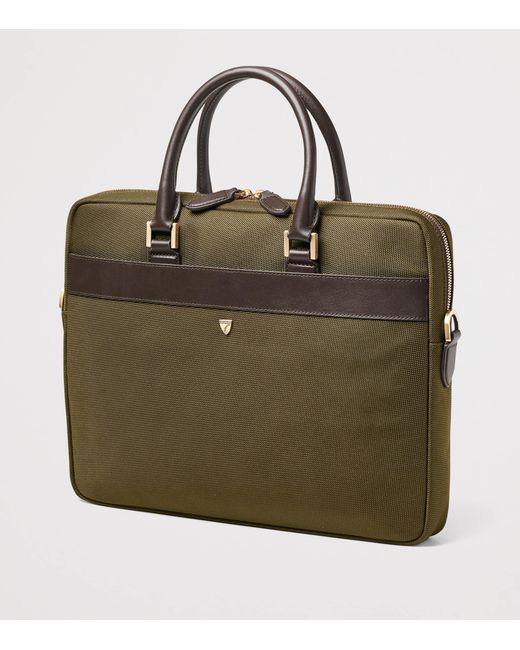 Aspinal Green Nylon Slim Briefcase for men