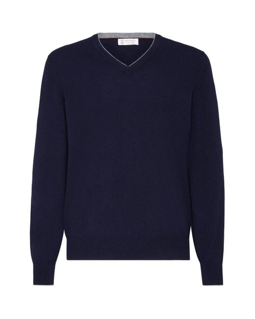 Brunello Cucinelli Blue Cashmere V-Neck Sweater for men