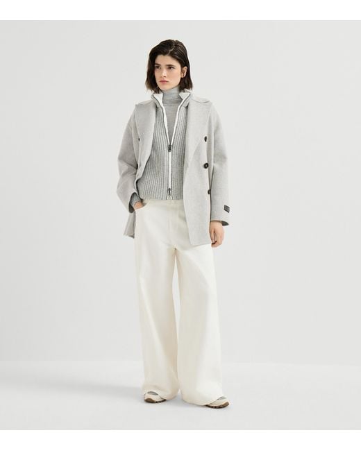 Brunello Cucinelli White Cashmere Beaver Pea Coat