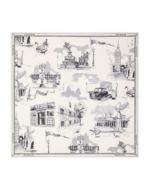 Burberry White Silk London Landmarks Scarf