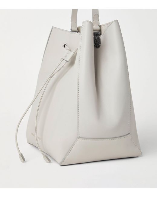 Brunello Cucinelli White Leather Monili-detail Bucket Bag