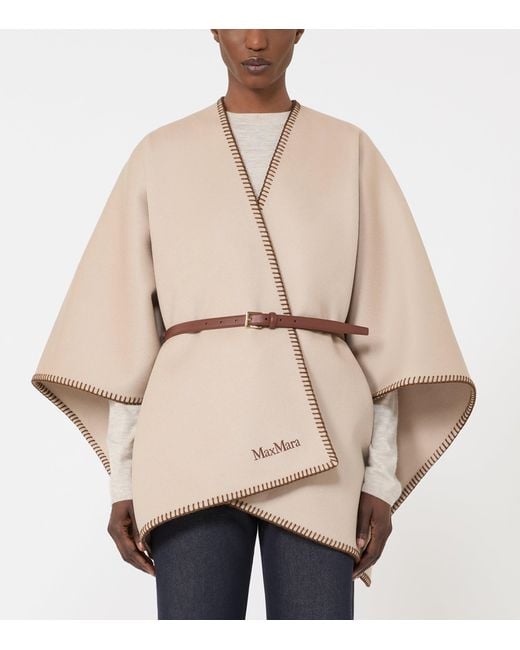 Max Mara Natural Virgin Wool Logo Cape And Belt