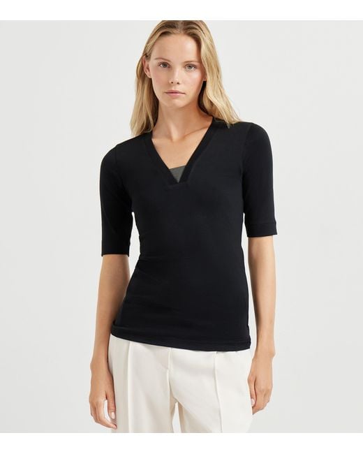 Brunello Cucinelli Black Stretch-Cotton Monili-Detail T-Shirt